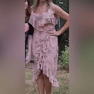 Pink & silver ruffle asymmetrical neckline wrap dress, tank top not included